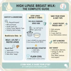Infographic: A complete guide to managing high lipase in breast milk, including tips on sous vide scalding, the 6% fat correlation data, and freeze-drying for long-term storage.