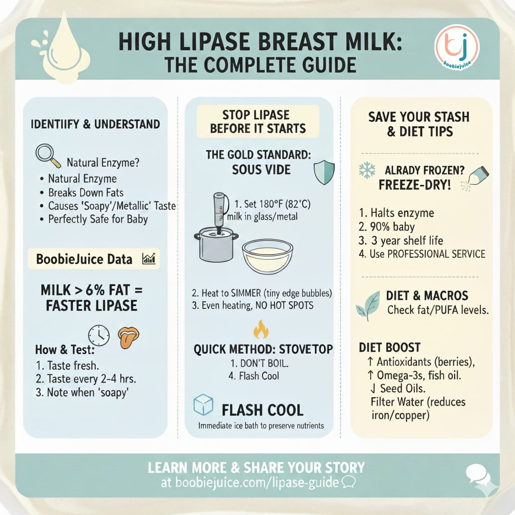 Infographic: A complete guide to managing high lipase in breast milk, including tips on sous vide scalding, the 6% fat correlation data, and freeze-drying for long-term storage.